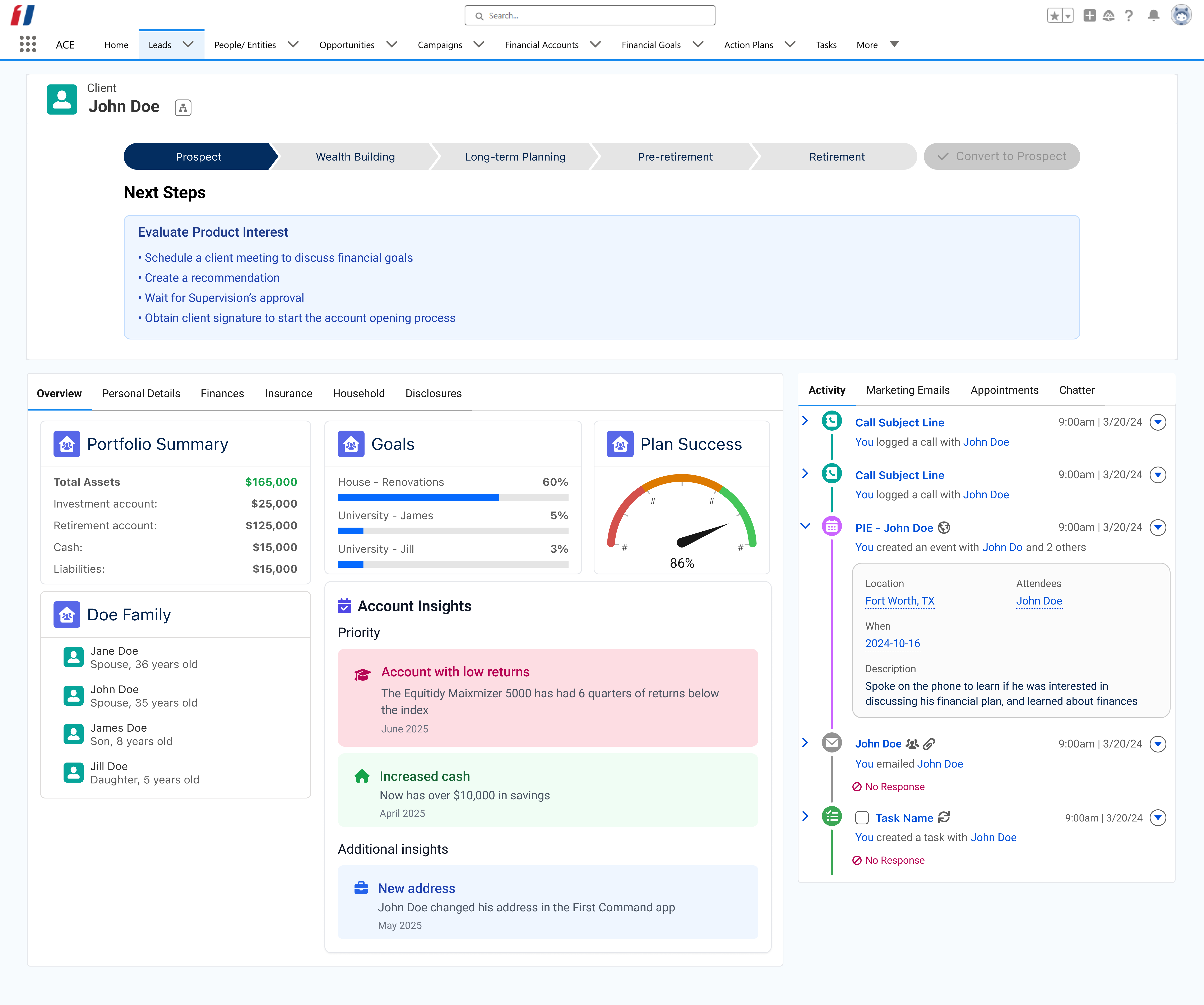 An updated mockup of the client page that includes leveraging additional features, such as financial plan information and insights from financial accounts.