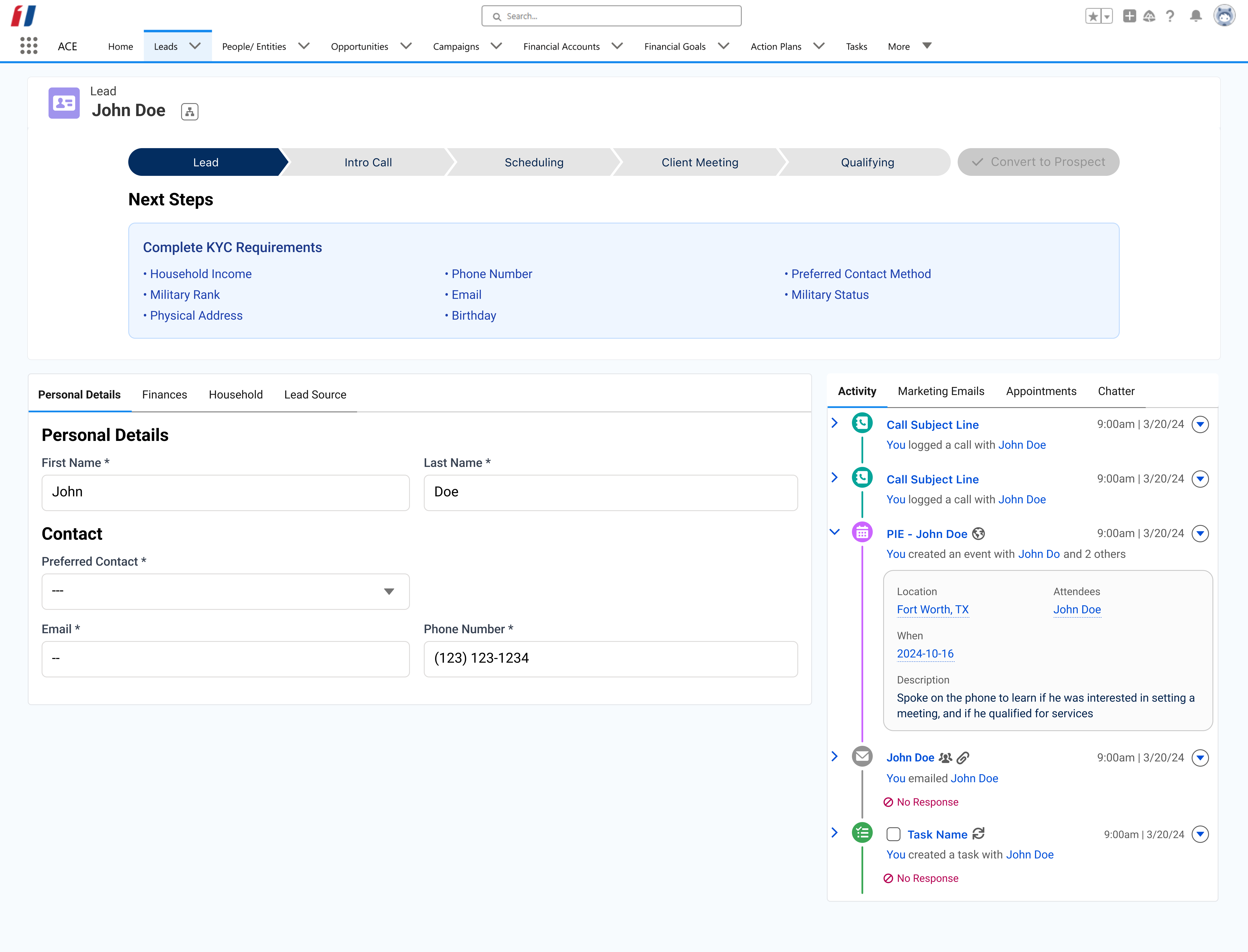 An updated mockup of the leads page that made data fields more legible, reduced clutter, and put data fields into categories.