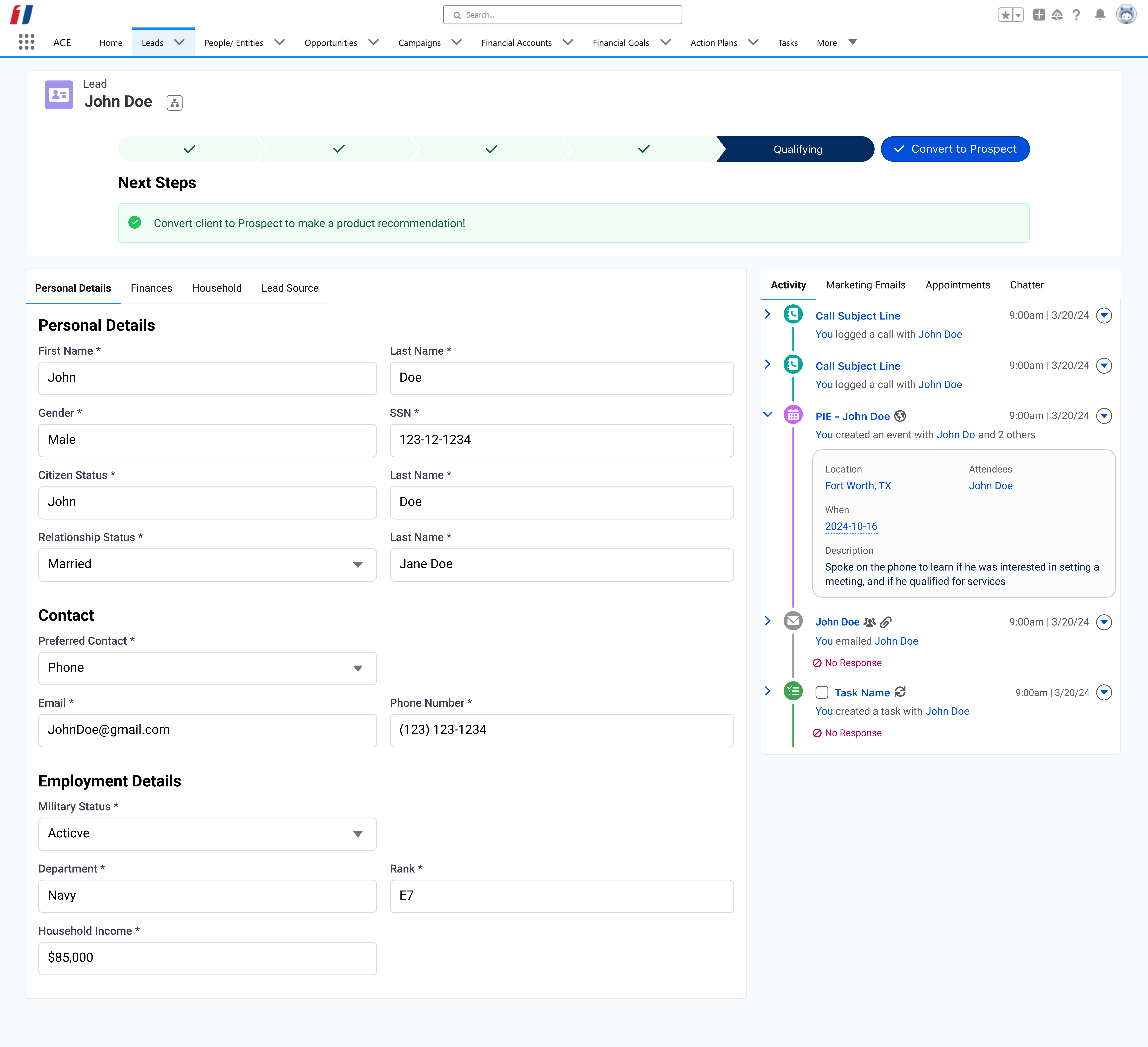 An updated mockup of the leads page that now meets KYC requirements and is ready for the lead to become a prospect.