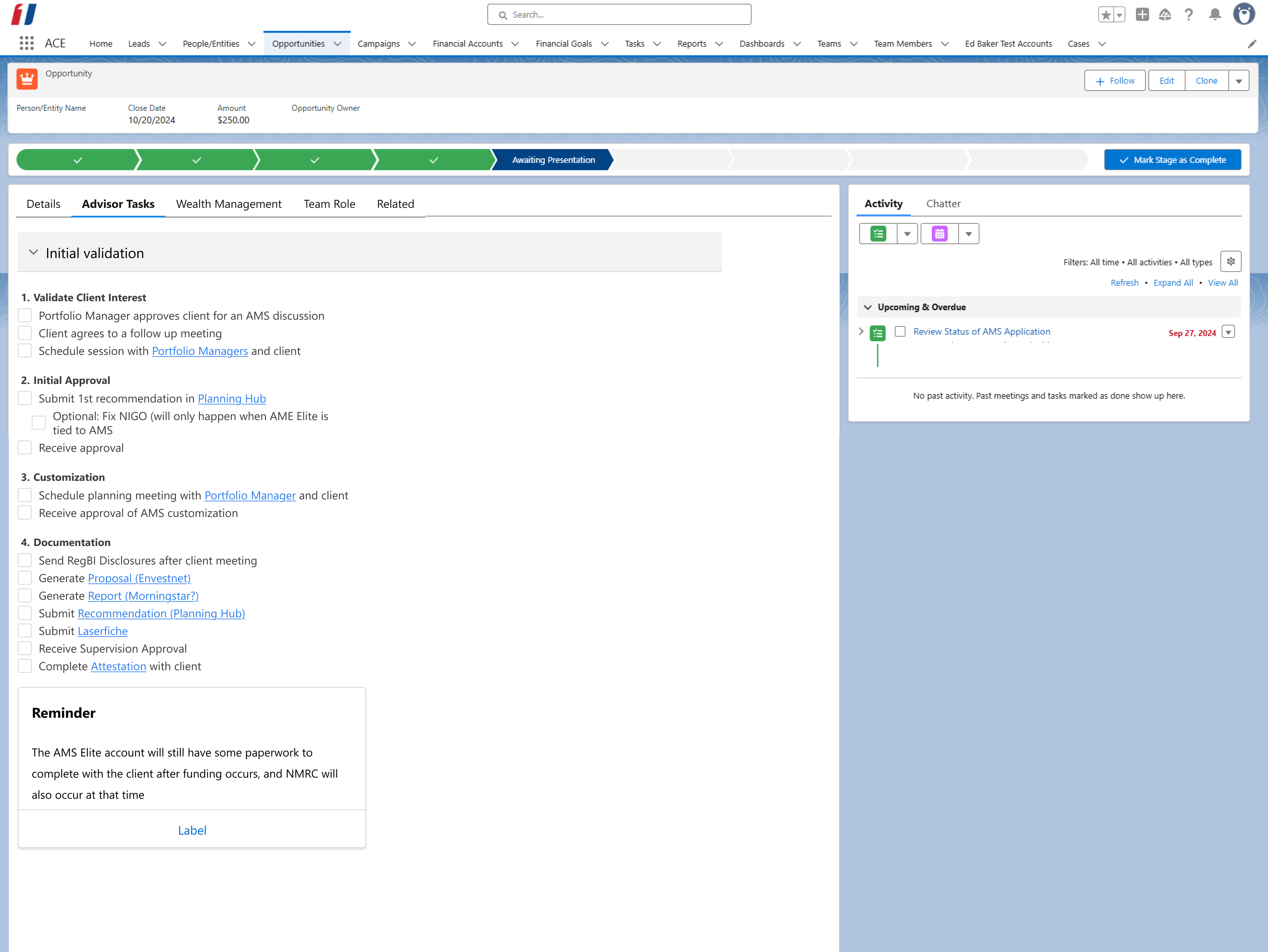 An initial mockup that includes a page in Salesforce that lists all actions that should be done in the portfolio account creation process with checkboxes as a way for advisors and assistants to better collaborate before more automation could be built into the system.