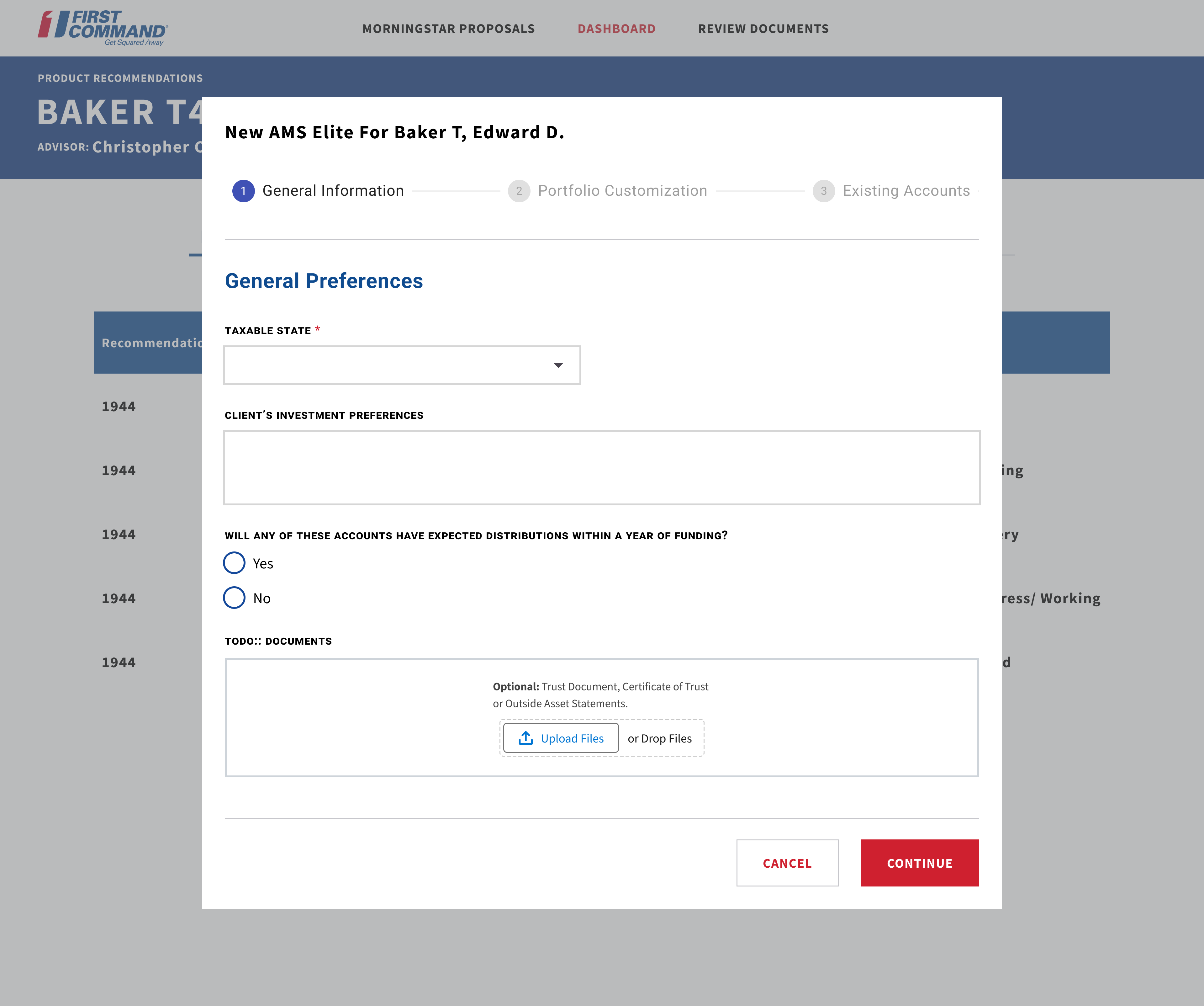 An initial form page that contains general details that are required for opening a new portfolio and meeting compliance requirements.