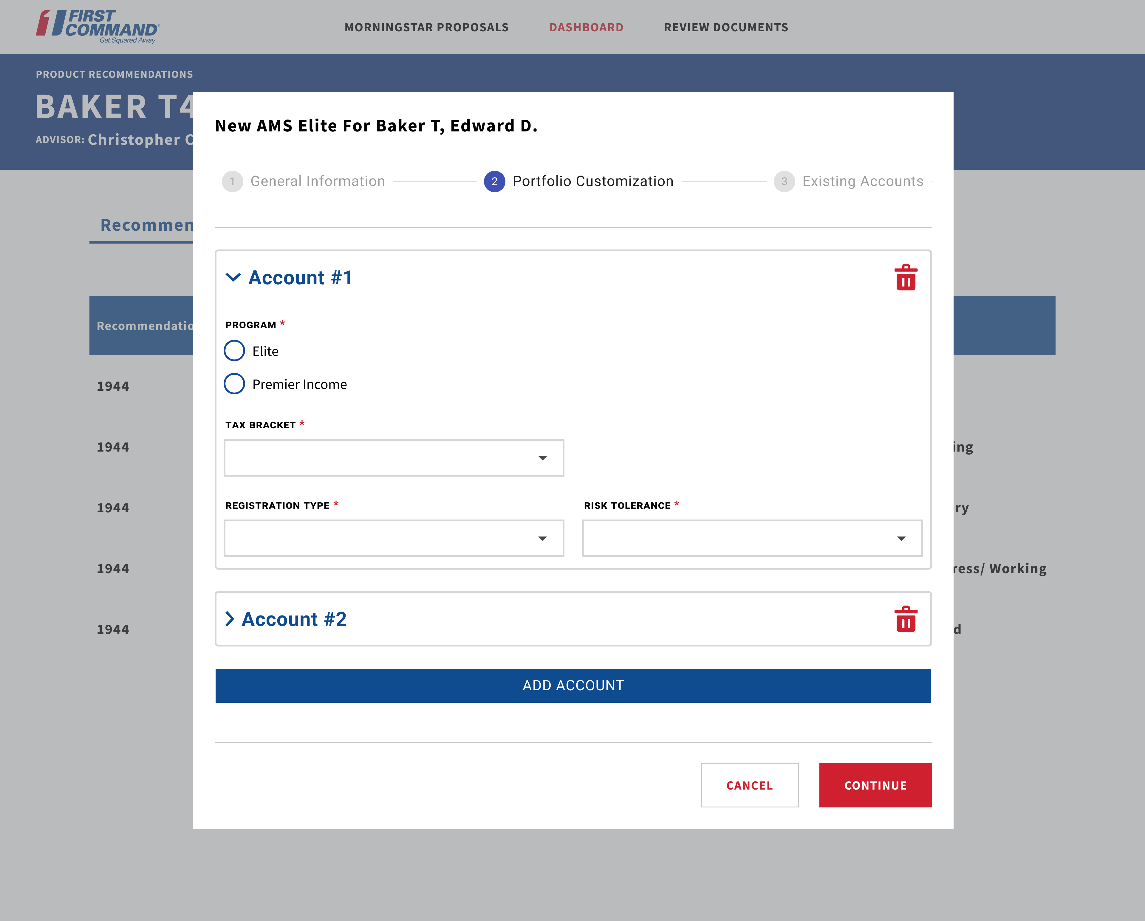 A form page that allows advisors to say which types of accounts a portfolio should contain. Each account is on a card element that can be collapsed and deleted.