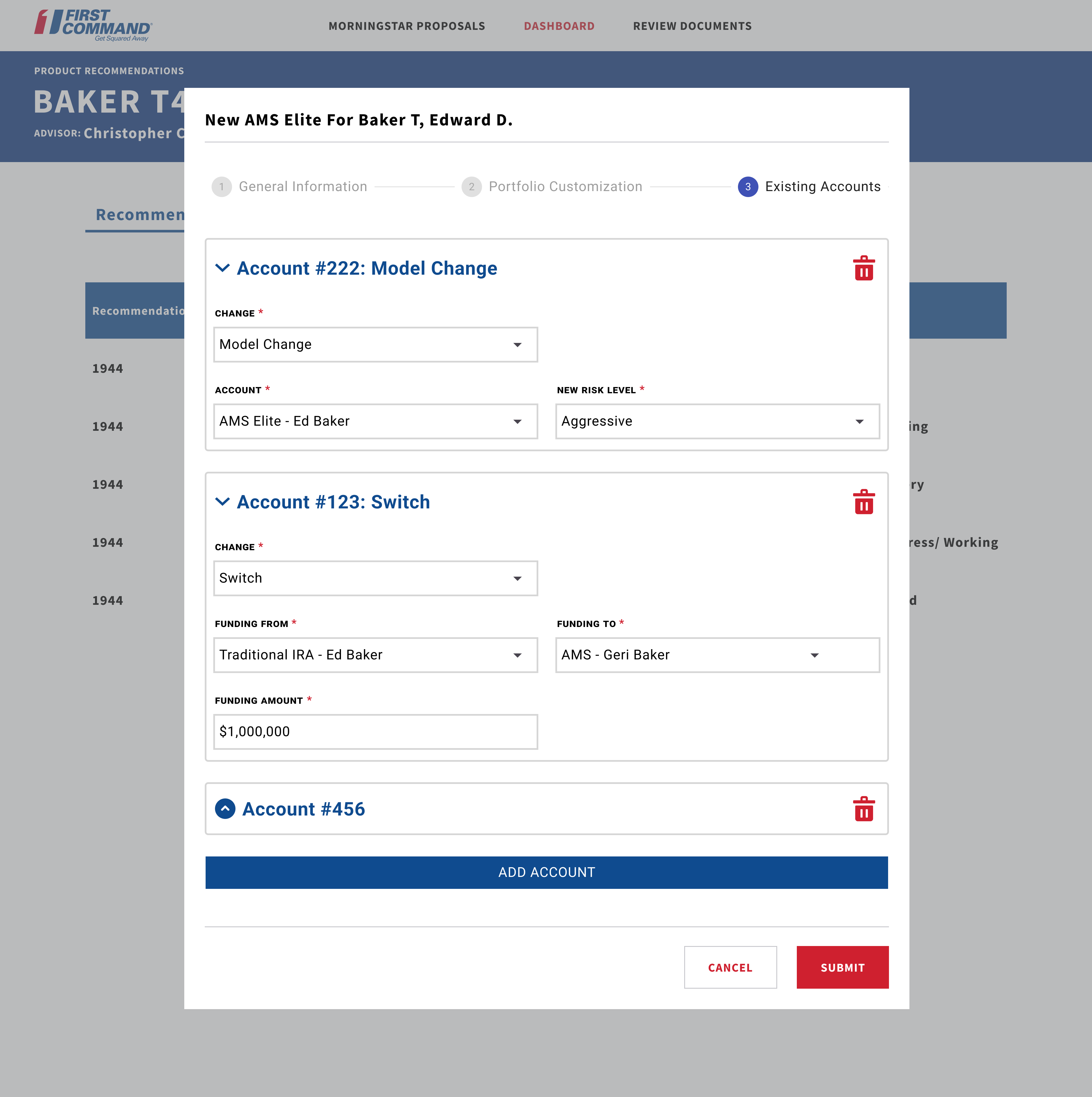 The final page allows documenting changes to existing accounts, such as moving funds or changing the risk profile of the portfolio.